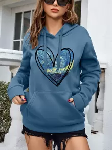 INAWLY Áo hoodie lót nhiệt có dây rút túi Kangaroo in hình trái tim, áo dài tay - Màu xanh bụi bặm - Xem 1