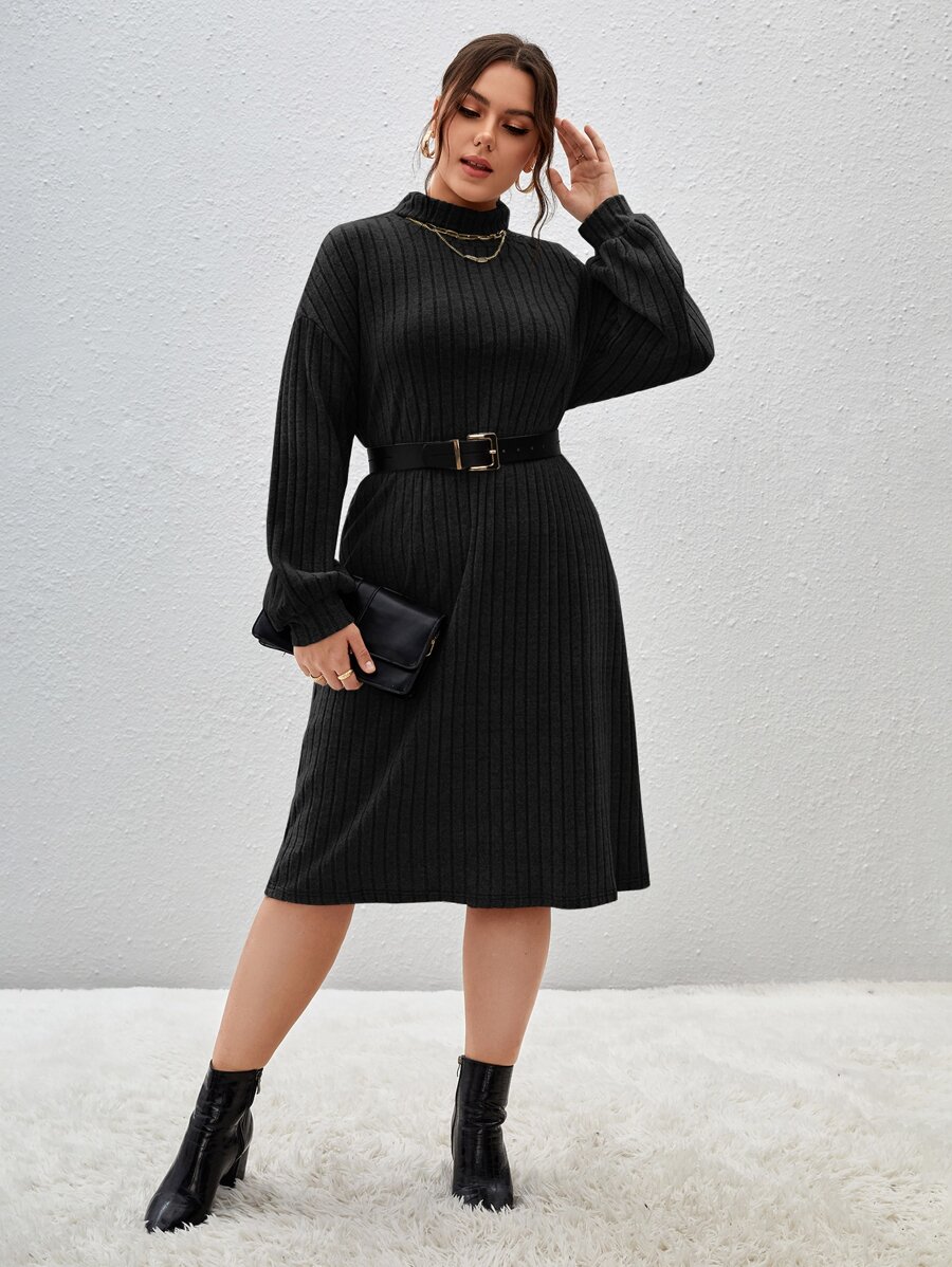 SHEIN Essnce Plus Turtleneck Drop Shoulder Dress Without Belt - Black - View 1