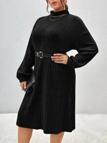 SHEIN Essnce Plus Turtleneck Drop Shoulder Dress Without Belt - Black - View 3