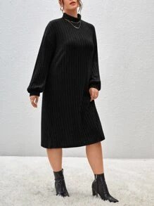 SHEIN Essnce Plus Turtleneck Drop Shoulder Dress Without Belt - Black - View 5