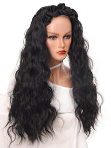 Long Curly Synthetic Wig With Headband - Black - View 1