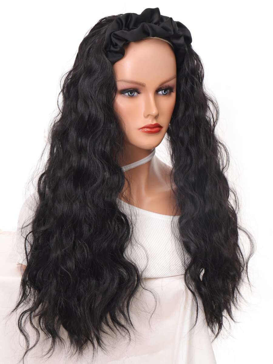 Long Curly Synthetic Wig With Headband - Black - View 1