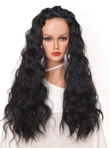 Long Curly Synthetic Wig With Headband - Black - View 9