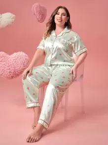 Plus Heart Print Contrast Binding Satin PJ Set - Champagne - View 1