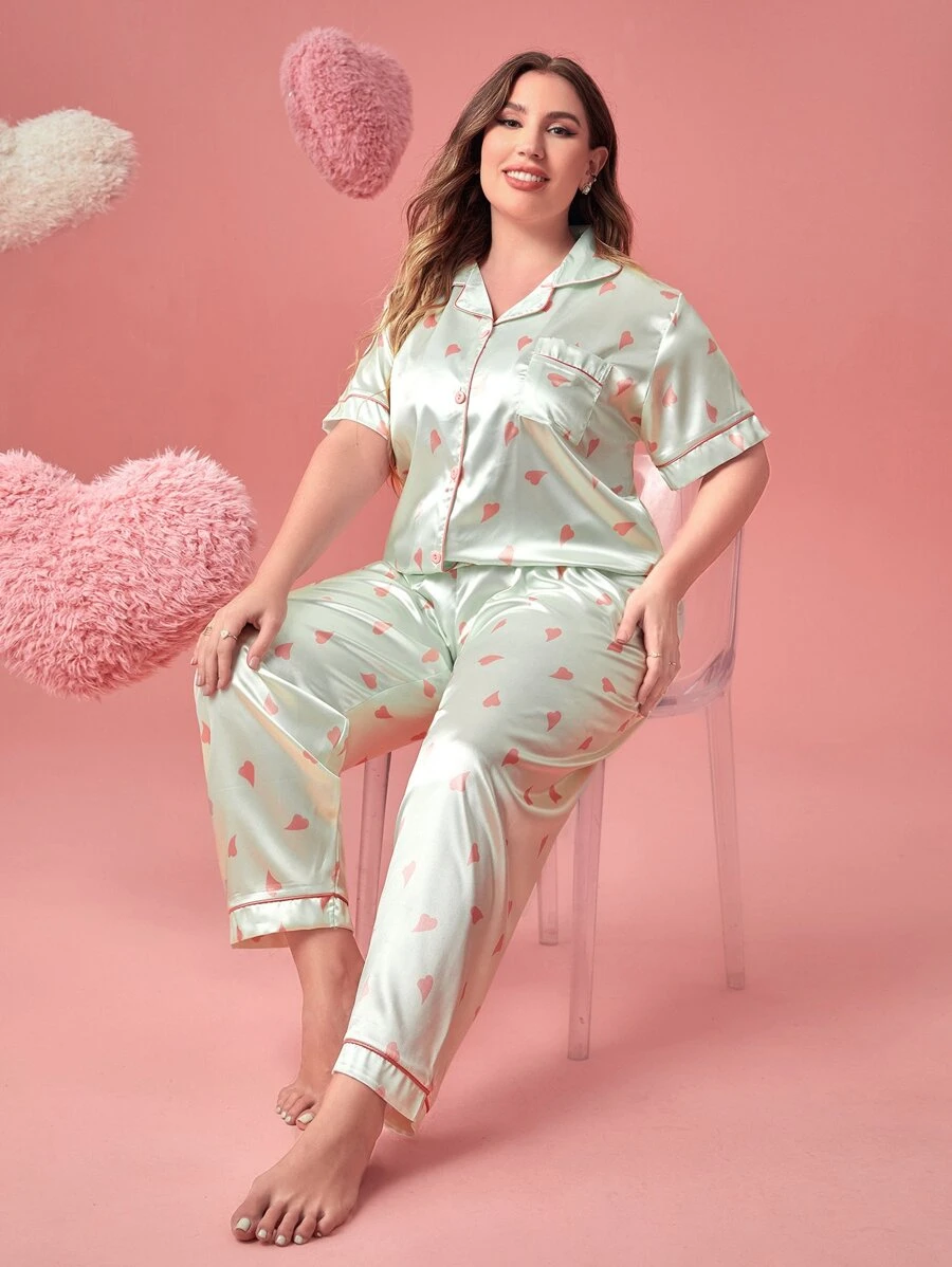 Plus Heart Print Contrast Binding Satin PJ Set - Champagne - View 1
