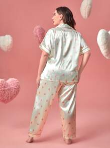 Plus Heart Print Contrast Binding Satin PJ Set - Champagne - View 2