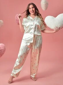 Plus Heart Print Contrast Binding Satin PJ Set - Champagne - View 3