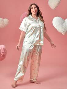 Plus Heart Print Contrast Binding Satin PJ Set - Champagne - View 5