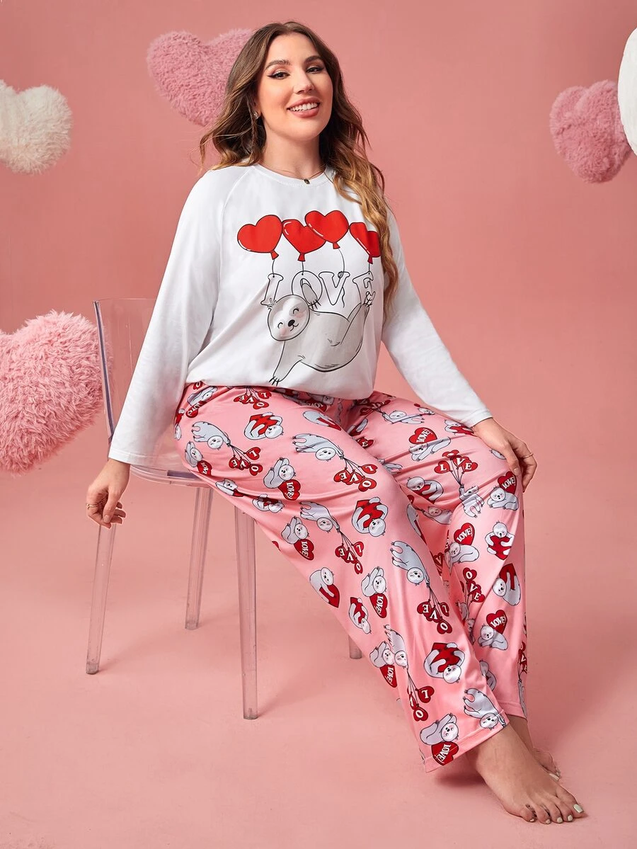 Plus Seal & Heart Print Raglan Sleeve Tee & Letter Graphic Trousers PJ Set - Multicolor - View 1