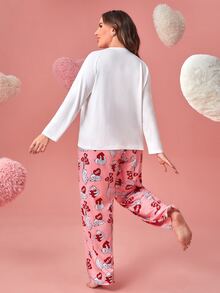 Plus Seal & Heart Print Raglan Sleeve Tee & Letter Graphic Trousers PJ Set - Multicolor - View 2