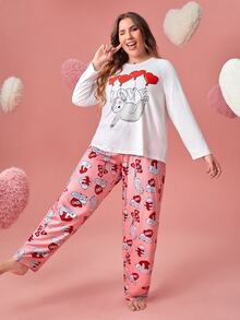 Plus Seal & Heart Print Raglan Sleeve Tee & Letter Graphic Trousers PJ Set - Multicolor - View 5