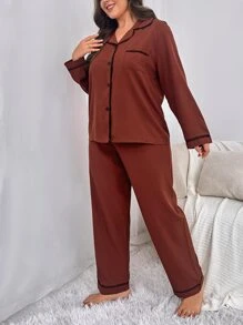 Conjunto de pijama pantalones con blusa ribete en contraste de satén