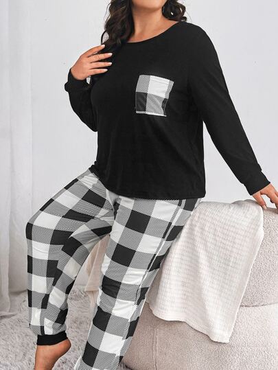 Plus Buffalo Plaid Print Pocket Patched Tee & Pants PJ Set