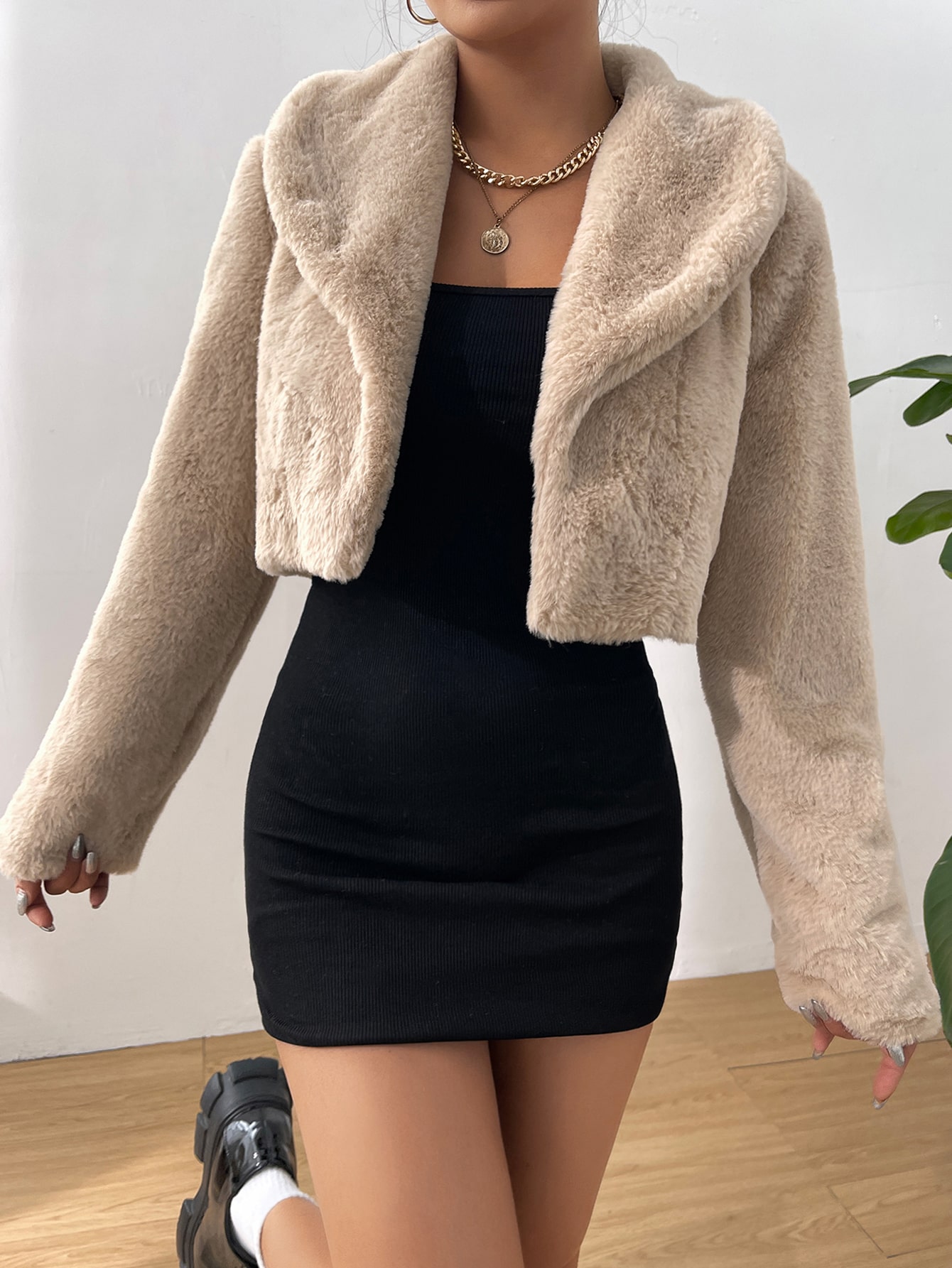 SHEIN Qutie Waterfall Collar Open Front Crop Flannel Jacket SHEIN USA