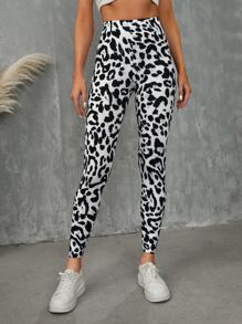 SHEIN LUNE 豹紋印花高腰緊身打底褲 - 黑與白 - 查看 4
