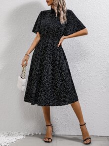 SHEIN LUNE Polka Dot Print Frill Neck Butterfly Sleeve Dress - Black - View 4
