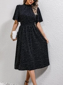 SHEIN LUNE Polka Dot Print Frill Neck Butterfly Sleeve Dress - Black - View 6