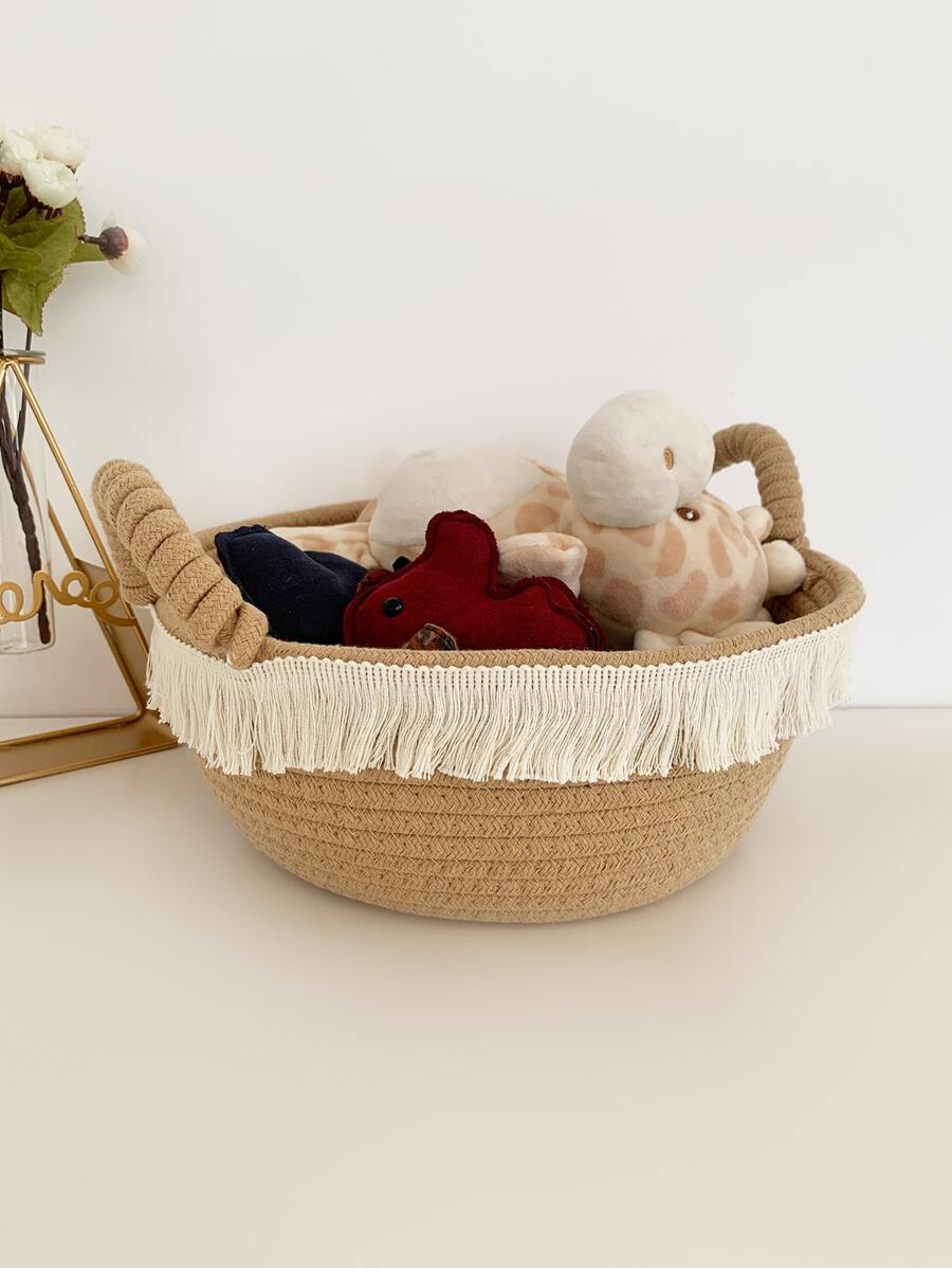1pc Tassel Decor Desktop Storage Basket - Khaki - View 1