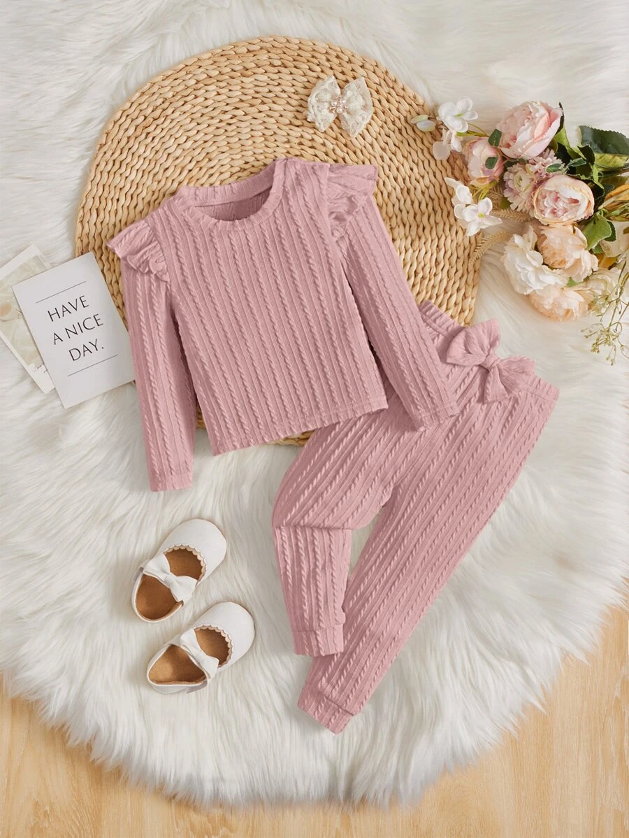 SHEIN Bebé Camiseta ribete con fruncido & Pantalones con lazo delantero - Rosa vieja - Ver 1