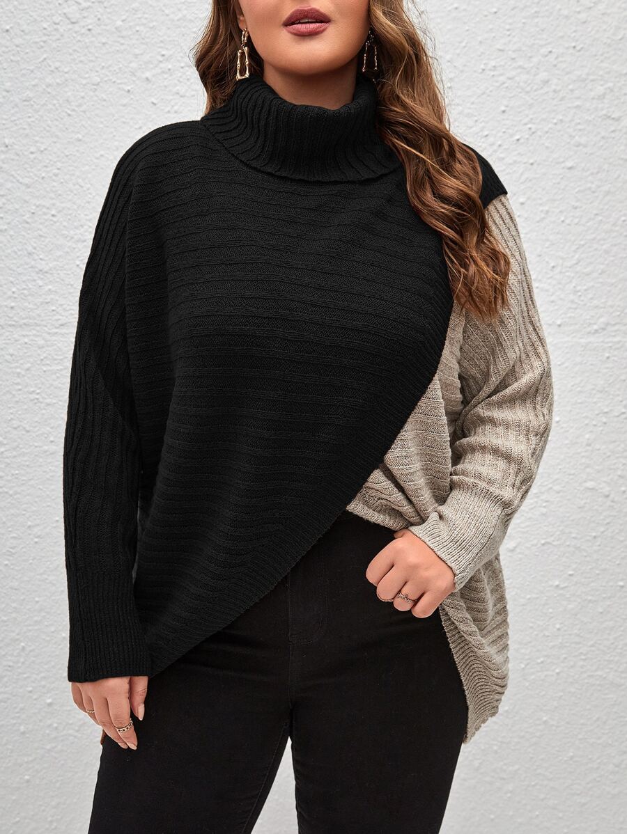 SHEIN Clasi Plus Two Tone Turtleneck Batwing Sleeve Wrap Jumper - Multicolor - View 1