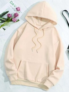 SHEIN EZwear 熊和標語圖案抽繩加絨內裏連帽衫 - 杏色 - 查看 2