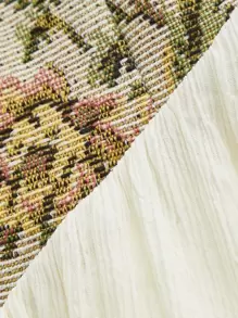 SHEIN MOD 花卉圖案提花扣眼前繫帶褶邊連衣裙 - 杏色 - 查看 5