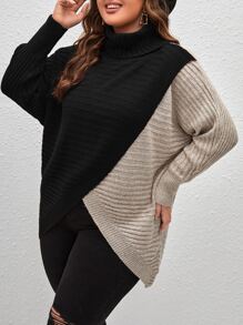 SHEIN Clasi Plus Two Tone Turtleneck Batwing Sleeve Wrap Jumper - Multicolor - View 5