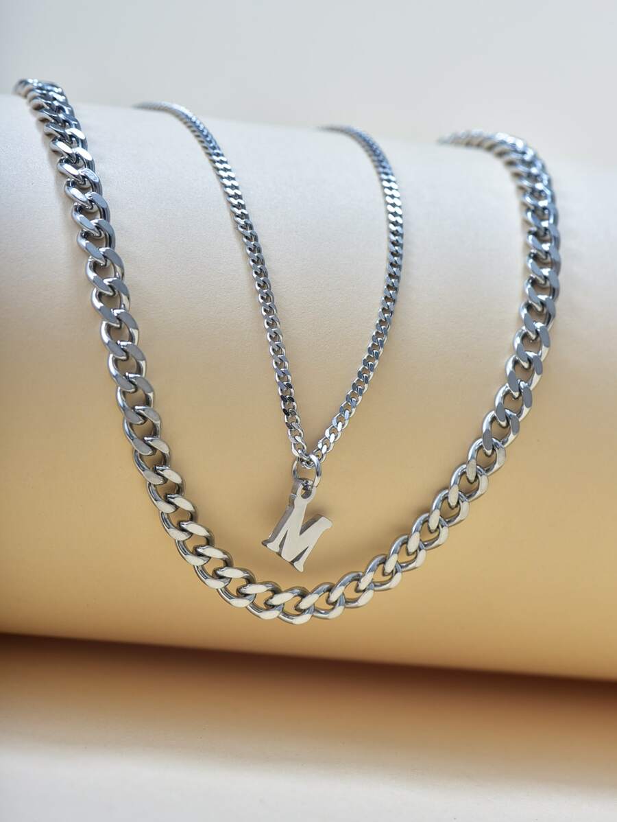 2pcs Letter Charm Necklace - Silver - View 1