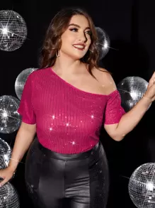 SHEIN BAE 大碼不對稱領亮片襯衫 - 玫紅色 - 查看 1