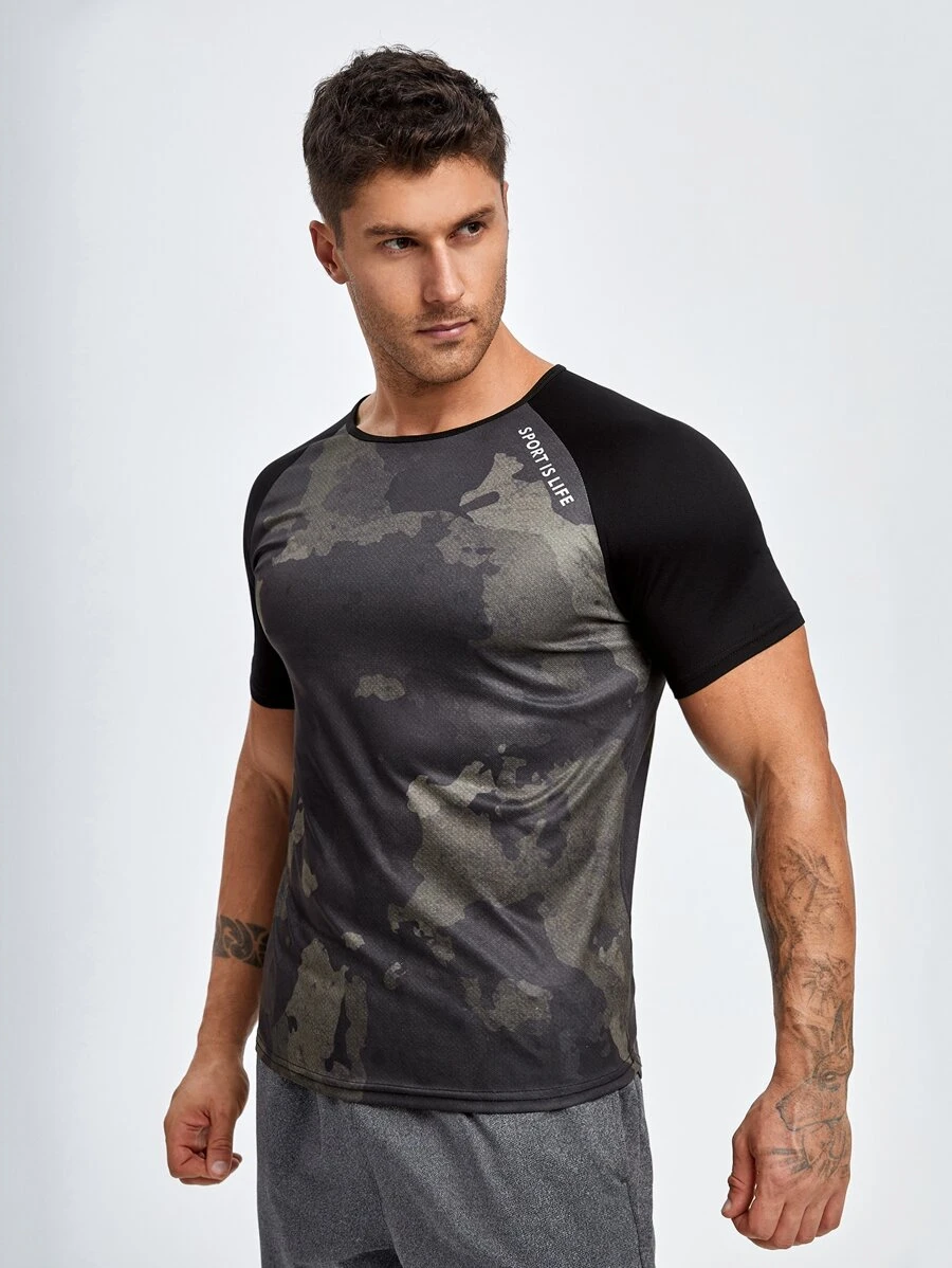 Hombres Camiseta deportiva con estampado de slogan de manga raglán - Multicolor - Ver 1