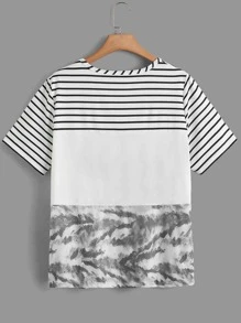 Calvaya Plus Striped & Brush Print Pocket Patched Tee - White - View 2