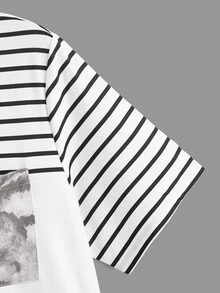 Calvaya Plus Striped & Brush Print Pocket Patched Tee - White - View 3