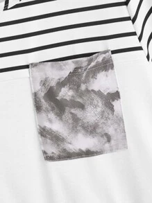 Calvaya Plus Striped & Brush Print Pocket Patched Tee - White - View 4