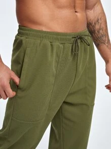 Men Drawstring Waist Slant Pocket Sports Trousers - Army Green - View 3
