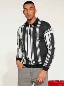 Manfinity Men Striped Print Letter Patched Detail Drop Shoulder Sweatshirt - Black and White - View 1