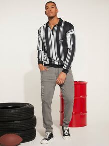 Manfinity Men Striped Print Letter Patched Detail Drop Shoulder Sweatshirt - Black and White - View 3