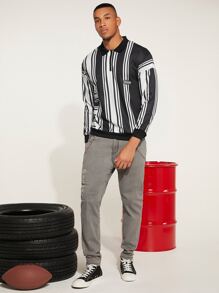 Manfinity Men Striped Print Letter Patched Detail Drop Shoulder Sweatshirt - Black and White - View 5