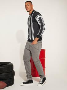 Manfinity Men Striped Print Letter Patched Detail Drop Shoulder Sweatshirt - Black and White - View 6