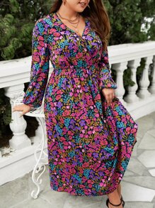 SHEIN VCAY Vestido con estampado floral de manga farol - Multicolor - Ver 3