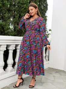 SHEIN VCAY Vestido con estampado floral de manga farol - Multicolor - Ver 5