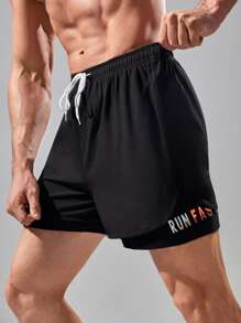 Men Letter Graphic Drawstring Waist 2 In 1 Sports Shorts - Black - View 1