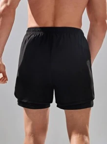 Men Letter Graphic Drawstring Waist 2 In 1 Sports Shorts - Black - View 2