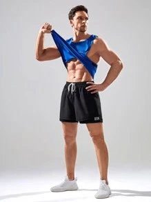 Men Letter Graphic Drawstring Waist 2 In 1 Sports Shorts - Black - View 3