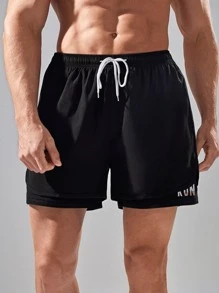Men Letter Graphic Drawstring Waist 2 In 1 Sports Shorts - Black - View 4