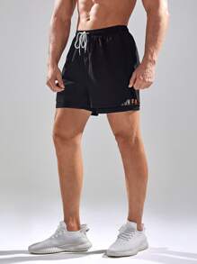 Men Letter Graphic Drawstring Waist 2 In 1 Sports Shorts - Black - View 5