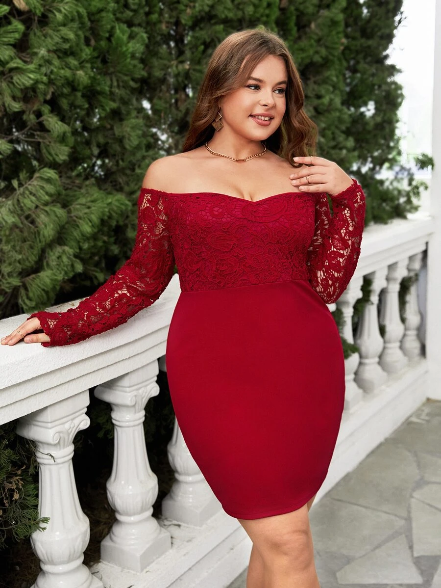 SHEIN Privé Vestido ajustado de hombros descubiertos con encaje en contraste