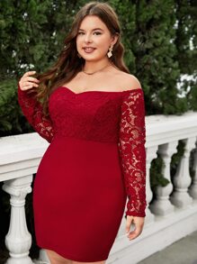 SHEIN Privé Vestido ajustado de hombros descubiertos con encaje en contraste