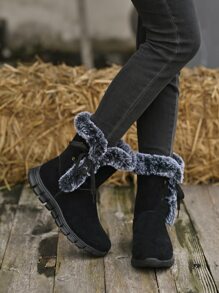 側邊系帶仿麂皮加絨內裏雪地靴 - 黑色 - 查看 2