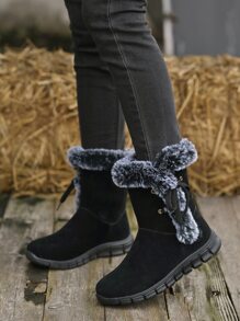 側邊系帶仿麂皮加絨內裏雪地靴 - 黑色 - 查看 3