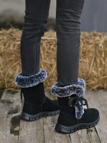 側邊系帶仿麂皮加絨內裏雪地靴 - 黑色 - 查看 4